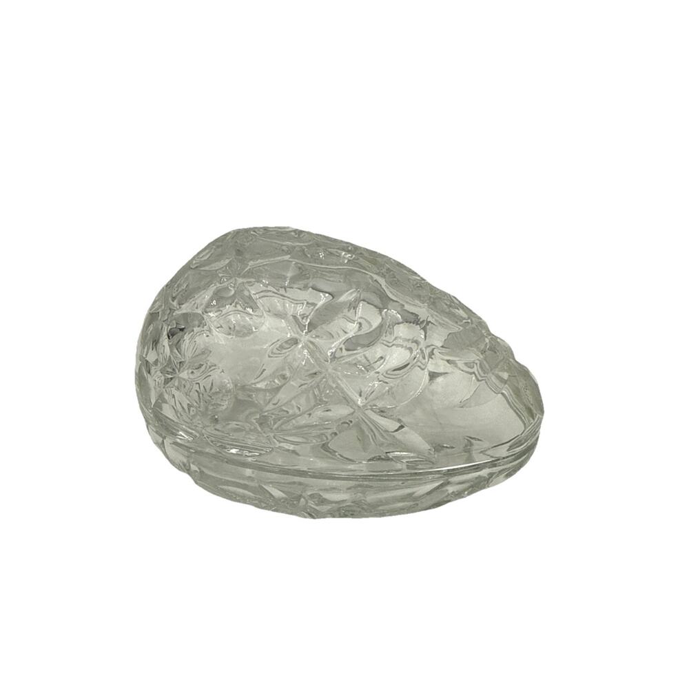 Vintage Crystal Pressed Pattern Lidded Clear Egg Trinket Dish‎ Flower Leaf EUC